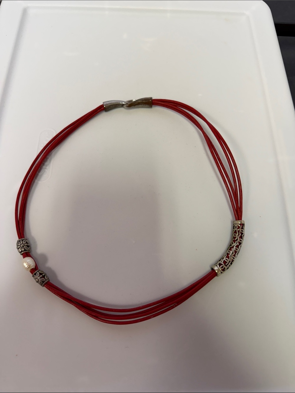 UNO de 50 Red Multi-Strand Cord Bracelet with Silver-Tone Beads